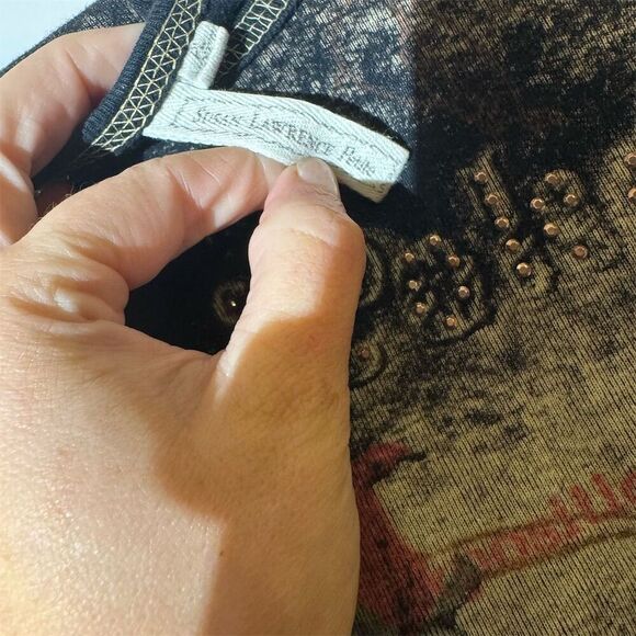 VTG Susan Lawrence Paris Y2K Distressed Graphic Tee Grunge Goth Floral Top PL - Picture 8 of 10